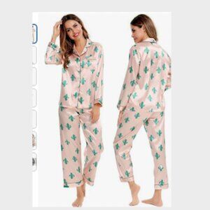 Swomog Silk Satin Pajama Set Long Sleeve Button Down Cactus Design  Large